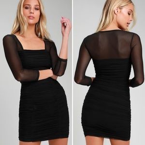 NWT Lulu’s Black Ruched Mesh Bodycon Dress